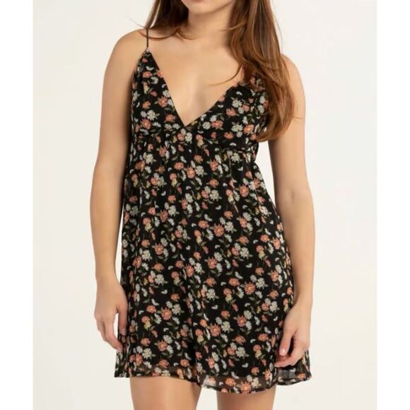 RSQ Dresses & Skirts - RSQ Black Floral Spaghetti Strap Tie Back Mini Y2K Coquette Boho Dress Size M
